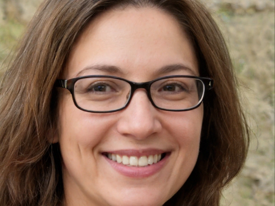 Close-up portrait of a smiling woman with brown hair and black glasses against a softly blurred outdoor background.