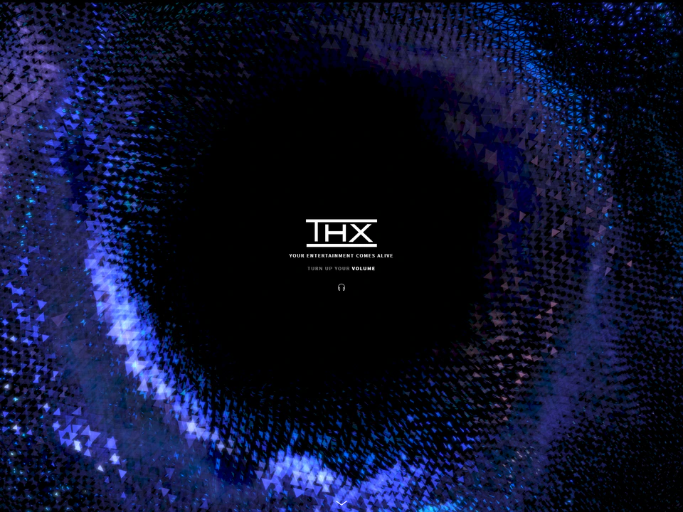 Dark THX webpage with the THX logo centered inside a swirling blue-and-purple abstract pattern, accompanied by the text “Your entertainment comes alive” and “Turn up your volume.”