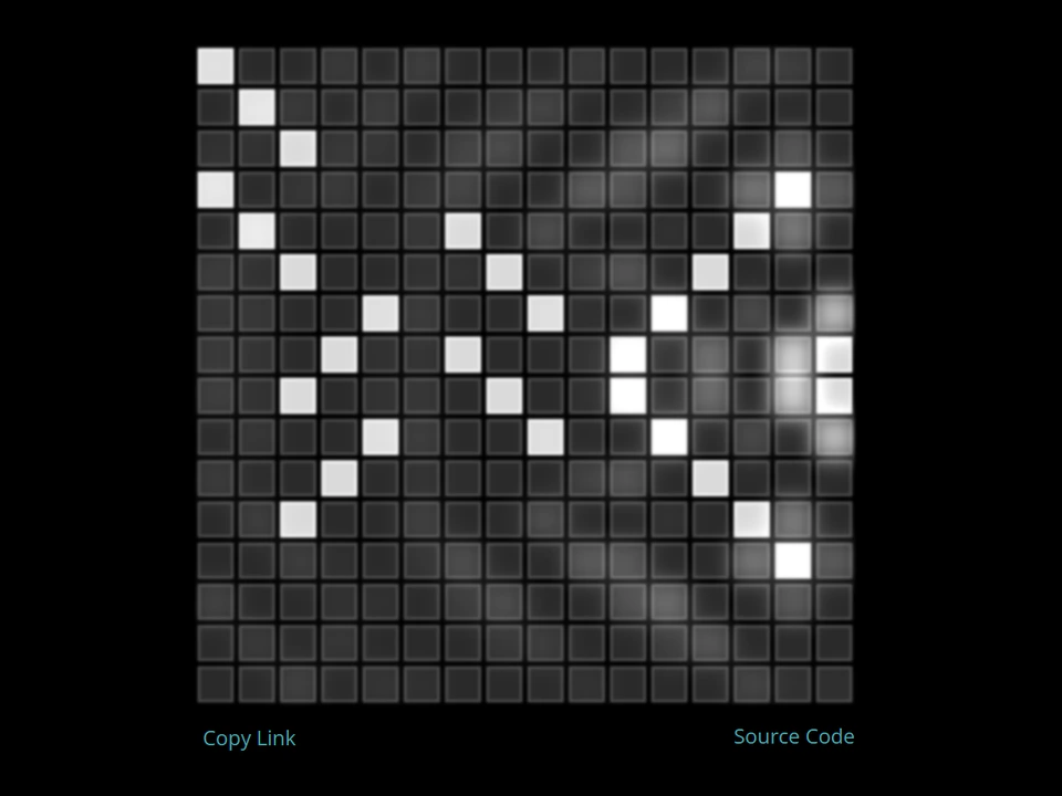 Black webpage showing a square grid of dark tiles with bright white squares forming an abstract pattern, with “Copy Link” and “Source Code” links below.