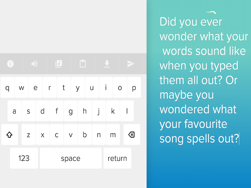 Webpage showing a large on-screen keyboard beside a blue text panel asking what words sound like when typed out and how a favorite song might spell.