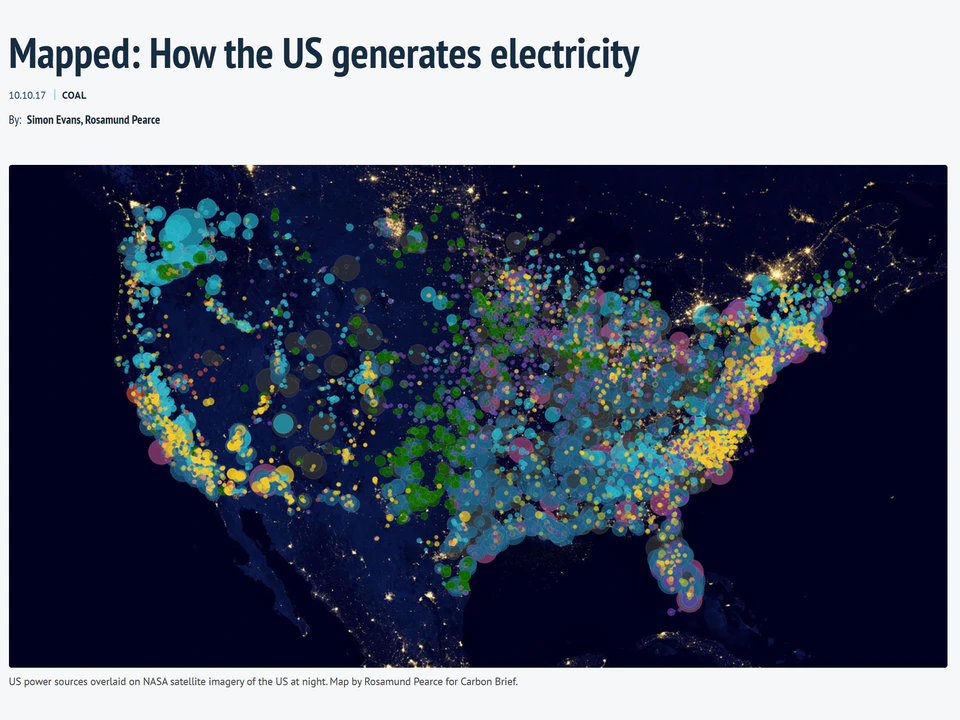 Map of the United States at night covered with colorful circles representing different electricity-generation sources, beneath the title “Mapped: How the US generates electricity.”