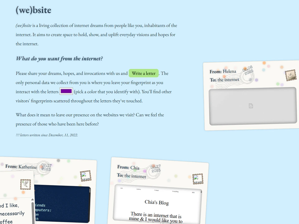 Light blue (we)bsite webpage explaining a collaborative collection of internet dreams and hopes, with a “Write a letter” button and several postcard-style visitor submissions displayed below.