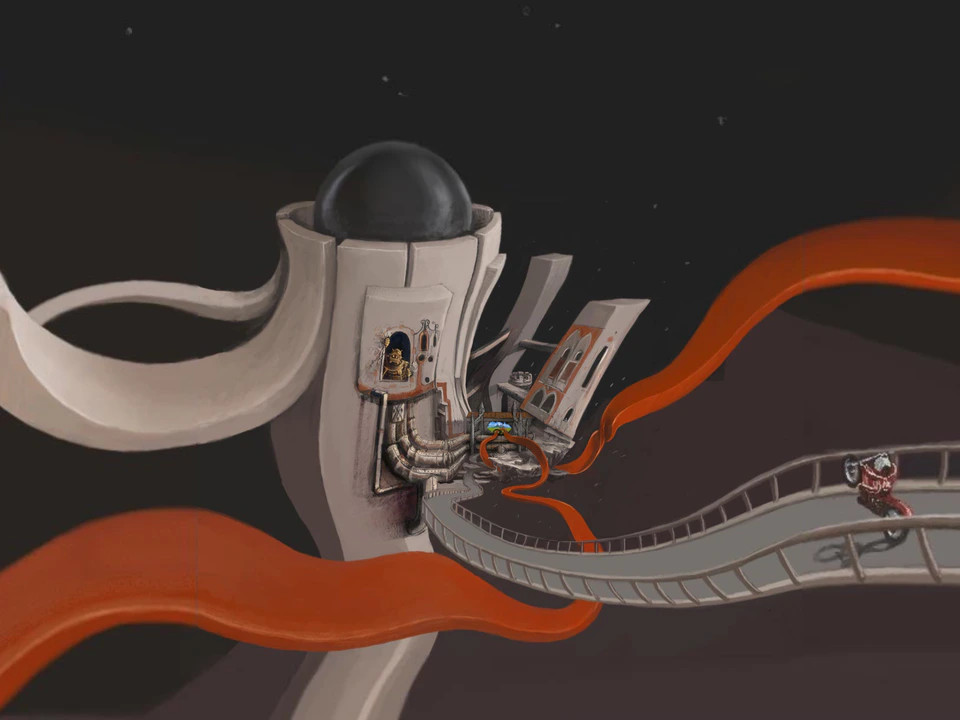 Surreal 3D scene with a winding gray roadway and orange ribbon-like paths weaving around a futuristic white structure, with a small rider or vehicle on the right.
