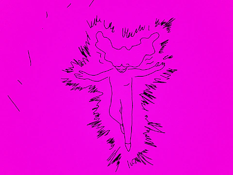 A hand-drawn black figure with outstretched arms floats against a vivid magenta background, surrounded by energetic sketch lines and scribbled marks.