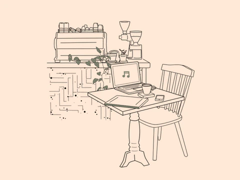 Line-drawn virtual café scene with an espresso machine, laptop, coffee cup, table, and chair.