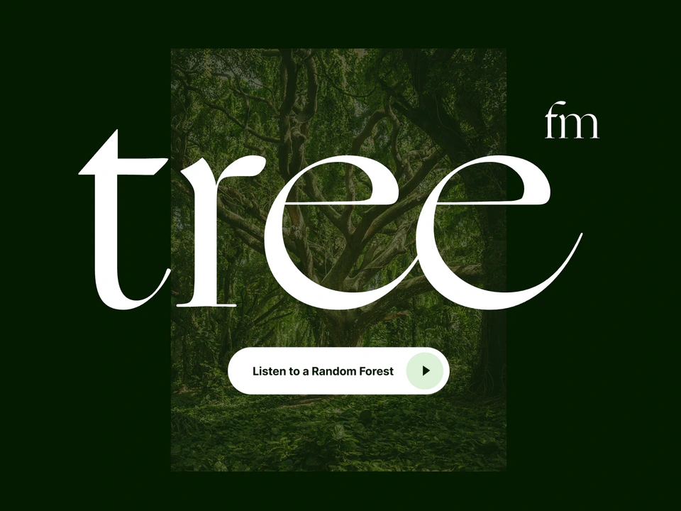 Dark green tree.fm homepage featuring a forest photograph behind the large white “tree” logo, with a “Listen to a Random Forest” play button below.